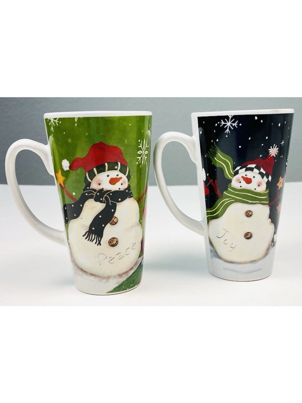 Set 2 RINGTONS Tall Ceramic Snowman Hot Chocolate MUGS Navy Joy Green Love 16oz